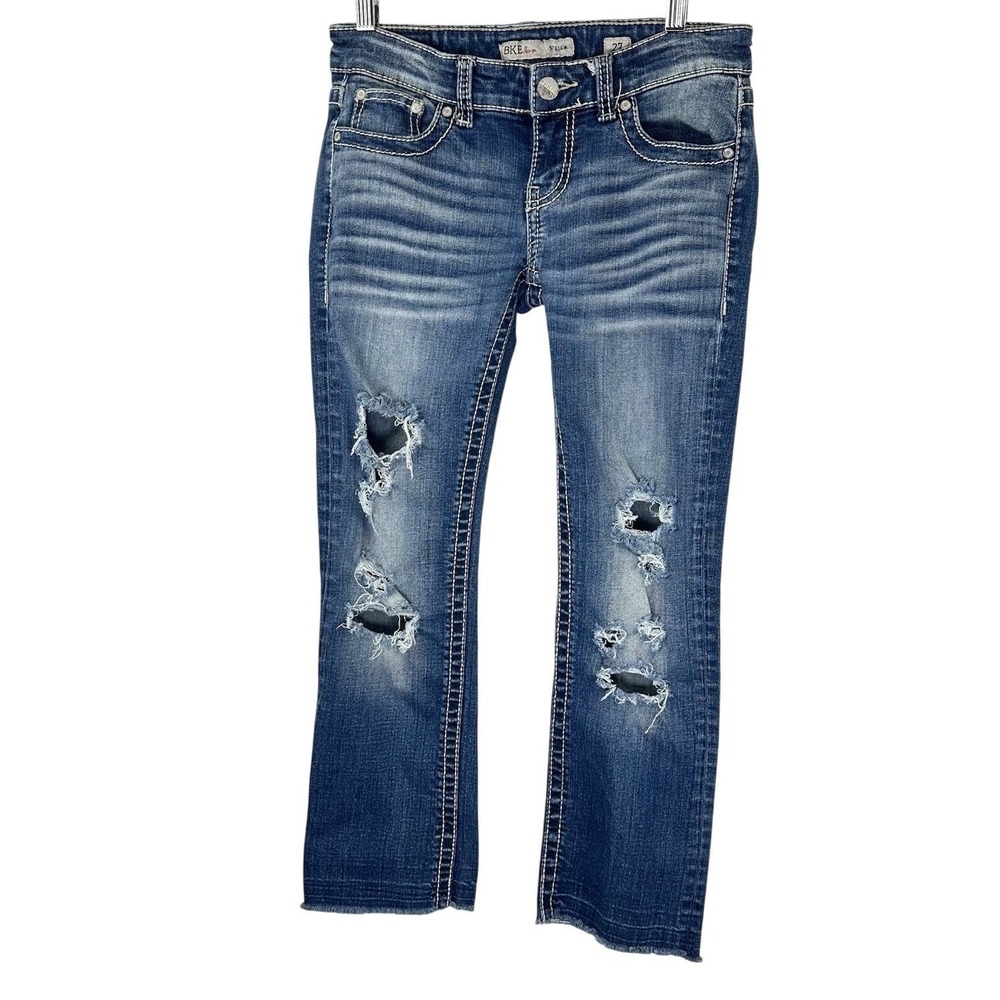 BKE Stella Jeans Blue Slim Fit Crop Capri Ankle Distressed Raw Hem Women's 27